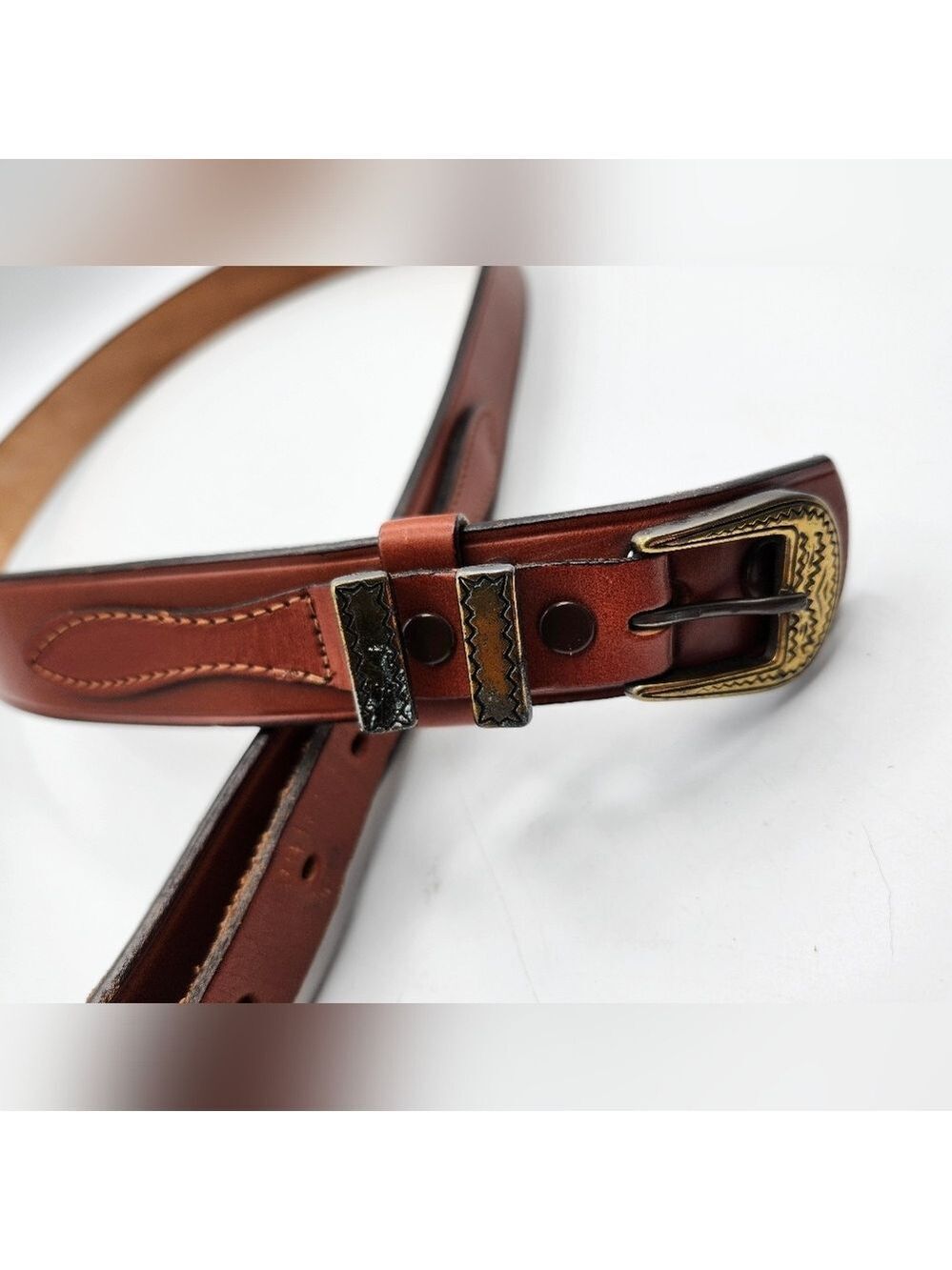Ranger Brown Leather Belt with Fancy Gold Buckle - Picture 2 of 8